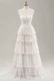 White A Line Spaghetti Straps Tiered Wedding Dress with Lace