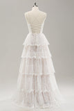 White A Line Spaghetti Straps Tiered Wedding Dress with Lace