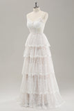 White A Line Spaghetti Straps Tiered Wedding Dress with Lace