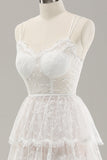 White A Line Spaghetti Straps Tiered Wedding Dress with Lace