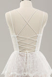 White A Line Spaghetti Straps Tiered Wedding Dress with Lace