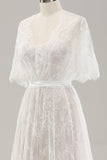 White A Line Sweetheart Lace Long Wedding Dress with Short Sleeves