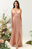 Blush Spaghetti Straps A Line Bridesmaid Dress With Slit