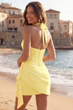 Halter Ruched Short Ivory Corset Graduation Dress with Ruffles