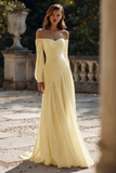 Ivory Pleated A Line Off The Shoulder Sweep Train Wedding Dress