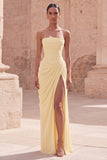 Light Pink Strapless Sheath Ruched Long Formal Dress with Slit