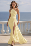 Ivory One Shoulder Pleated Maxi Boho Formal Dress with Slit