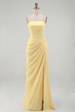 Light Pink Strapless Sheath Ruched Long Formal Dress with Slit