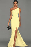 Black Satin Mermaid One Shoulder Long Formal Dress with Slit