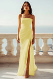 Chiffon Ivory Ruched Strapless Long Boho Formal Dress with Slit