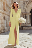 Simple Ivory Sheath Deep V-Neck Long Sleeves Wedding Dress with Slit