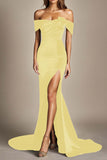 Red Mermaid Off the Shoulder Satin Formal Dress with Slit