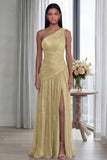 Glitter Pleated A Line Golden Long One Shoulder Formal Dress with Slit