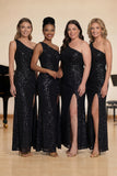 Sparkly Black One Shoulder Mermaid Sequins Choir Dress with Slit