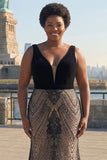 Deep V Neck Black Mermaid Long Plus Size Prom Dress with Open Back