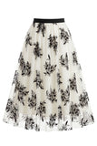 Women's 3D Floral Mesh Tulle Midi Skirt – High Waisted A-Line Fairy Long Skirt