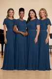 Navy A-Line Beaded Round Neck Pleated Choir Dress with Short Sleeves