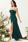 Dark Green Spaghetti Straps Wedding Guest Dress with Slit