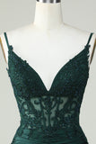 Spaghetti Straps Dark Green Corset Party Dress with Beading