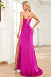 Fuchsia Mermaid Spaghetti Straps Satin Formal Dress with Slit Front