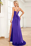 Fuchsia Mermaid Spaghetti Straps Satin Formal Dress with Slit Front