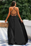 A-Line Spaghetti Straps Backless Long Satin Formal Dress with Slit