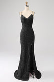 Black Mermaid Spaghetti Straps V-Neck Sequin Long Formal Dress With Split