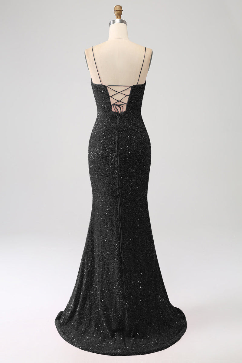 Load image into Gallery viewer, Black Mermaid Spaghetti Straps V-Neck Sequin Long Formal Dress With Split