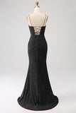 Black Mermaid Spaghetti Straps V-Neck Sequin Long Formal Dress With Split