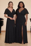Black A Line Flutter Sleeves Long Chiffon Choir Dress with Slit