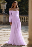 Ivory Pleated A Line Off The Shoulder Sweep Train Wedding Dress