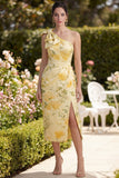 Butter Yellow Ruched Floral One Shoulder Maxi Wedding Guest Dress with Slit
