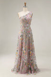 Floral Mauve One Shoulder A Line Long Formal Dress with Slit