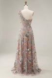 Floral Mauve One Shoulder A Line Long Formal Dress with Slit