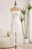 White Sheath Spaghetti Straps Long Engagement Party Dress with Flowers