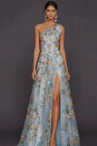 Floral Mauve One Shoulder A Line Long Formal Dress with Slit