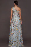 Floral Mauve One Shoulder A Line Long Formal Dress with Slit