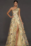 Floral Mauve One Shoulder A Line Long Formal Dress with Slit