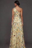 Floral Mauve One Shoulder A Line Long Formal Dress with Slit