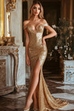 Sparkly Golden Mermaid Off The Shoulder Long Formal Dress With Slit