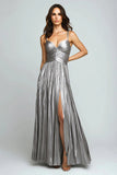Sliver A Line Metallic Pleated Long Formal Dress With Slit