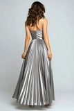 Sliver A Line Metallic Pleated Long Formal Dress With Slit
