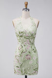 Sage Green Halter Neck Sheer Corset Bodycon Embroidered Short Formal Dress