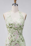 Sage Green Halter Neck Sheer Corset Bodycon Embroidered Short Formal Dress