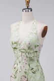 Sage Green Halter Neck Sheer Corset Bodycon Embroidered Short Formal Dress