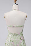 Sage Green Halter Neck Sheer Corset Bodycon Embroidered Short Formal Dress
