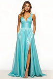 Slate Blue A Line V-Neck Long Formal Dress with Pockets