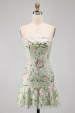Strapless Sage Green Bodycon Embroidered Short Formal Dress with Ruffles