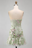 Strapless Sage Green Bodycon Embroidered Short Formal Dress with Ruffles