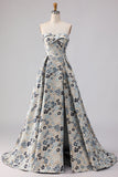 Blue Flower Jacquard Strapless A Line Long Formal Dress with Slit